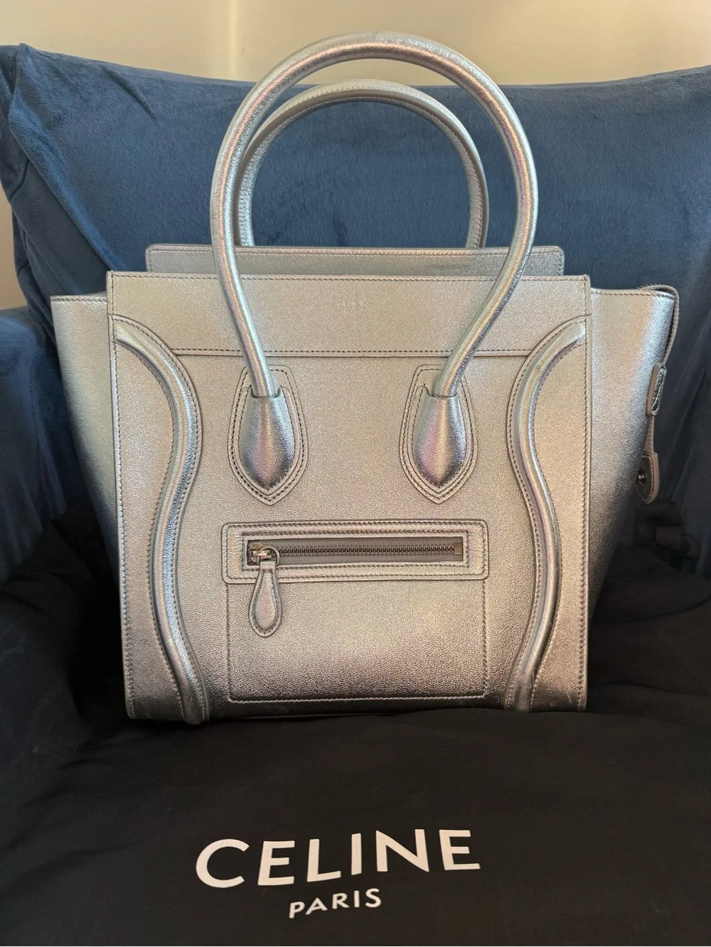 Celine metallic silver leather LUGGAGE Micro tote EUC! 🌟 😍
